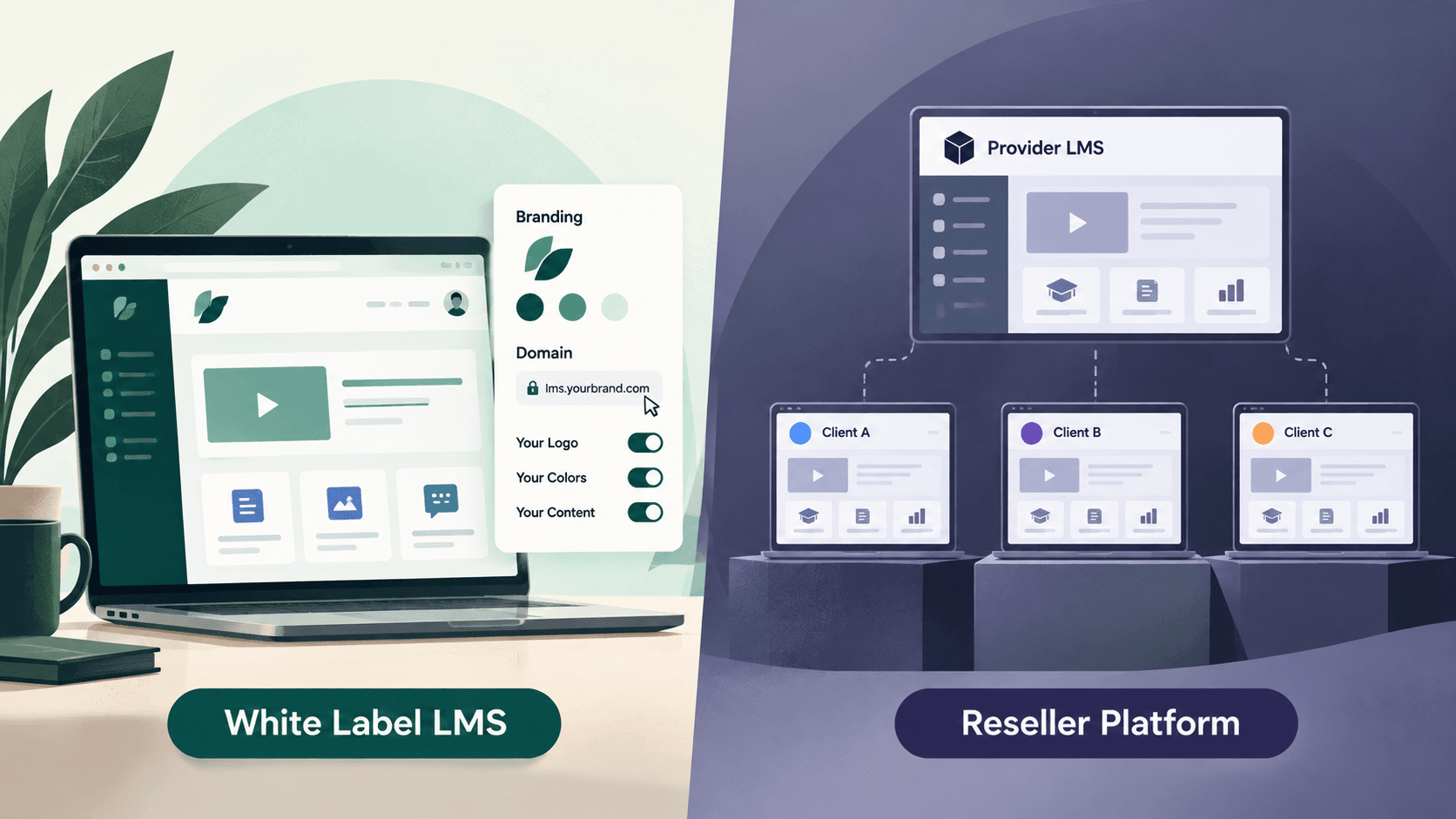 A white label LMS with your own logo, colors, and domain, next to a reseller platform where one provider's brand sits above separate client accounts