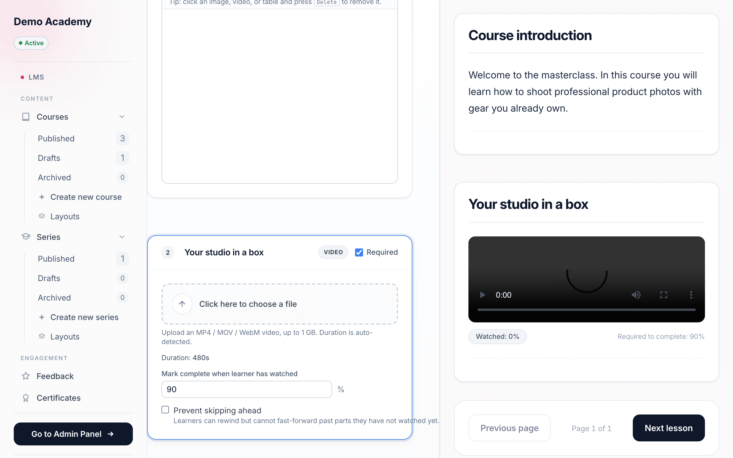 Video activity — completion settings