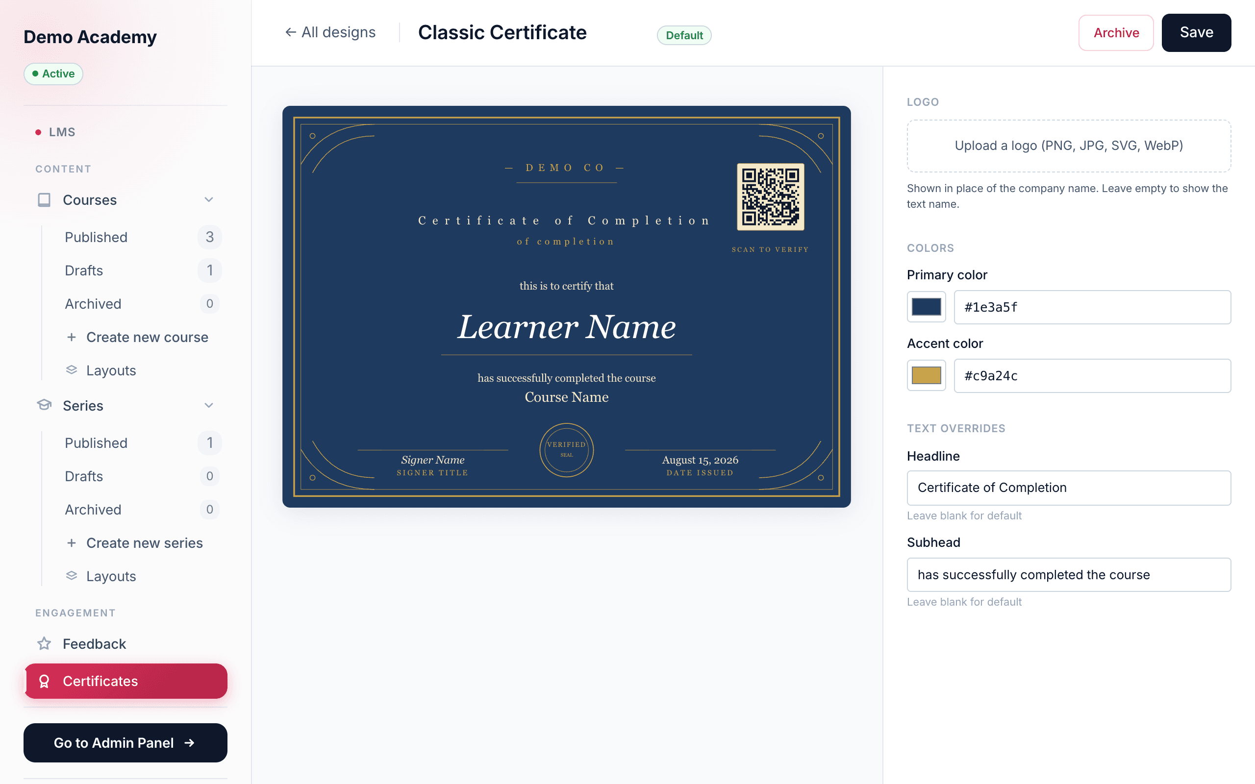 Certificate design editor