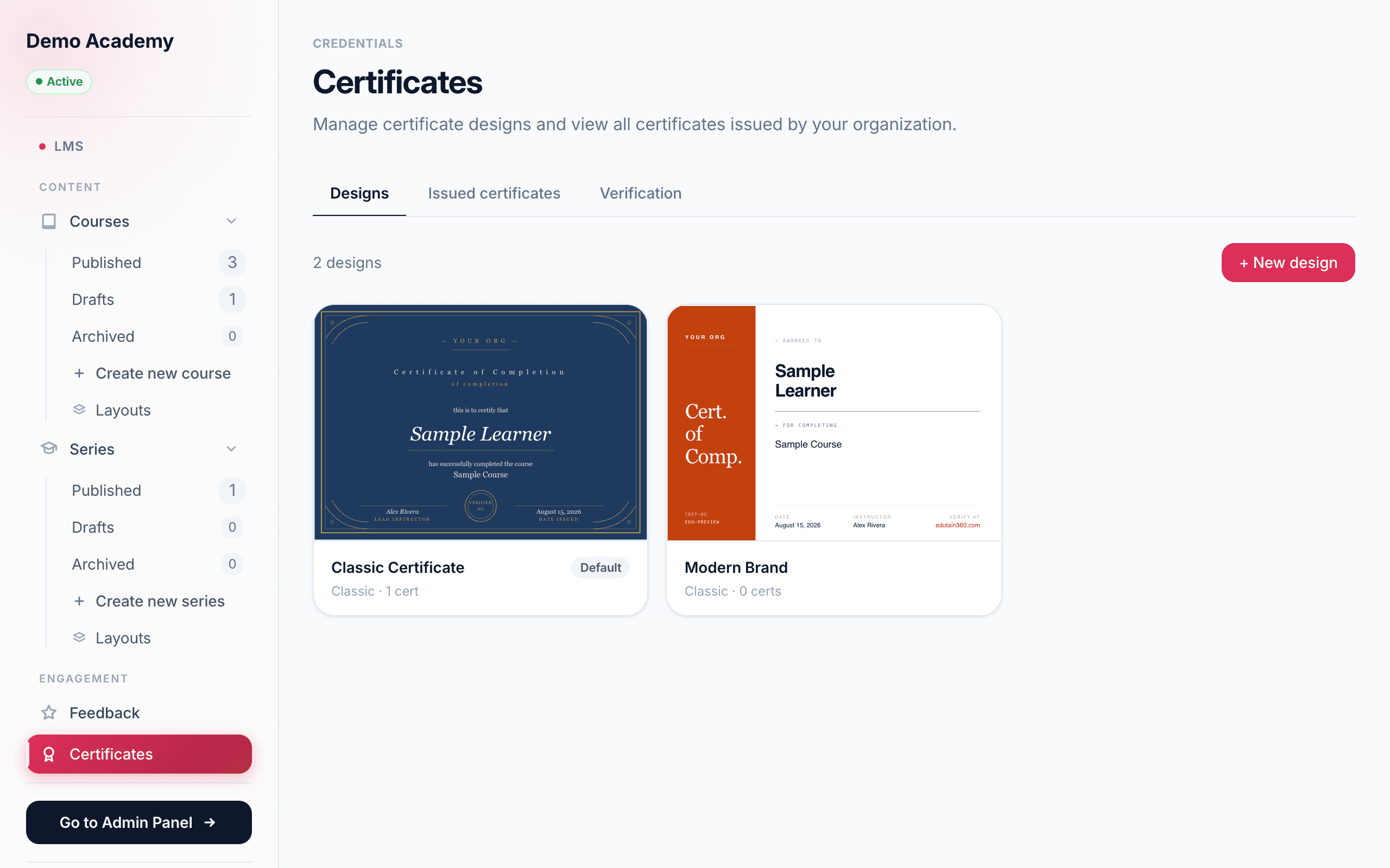 Certificates — Designs tab