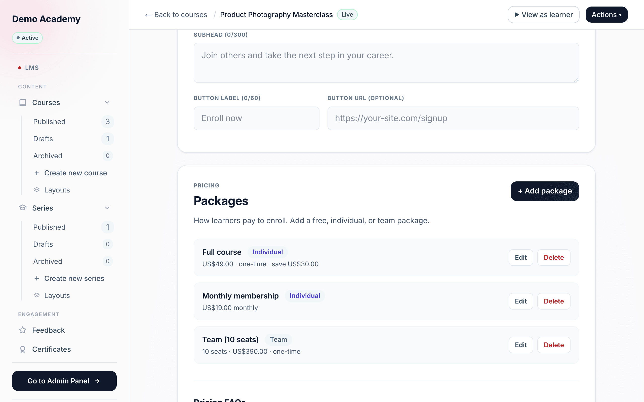Packages panel