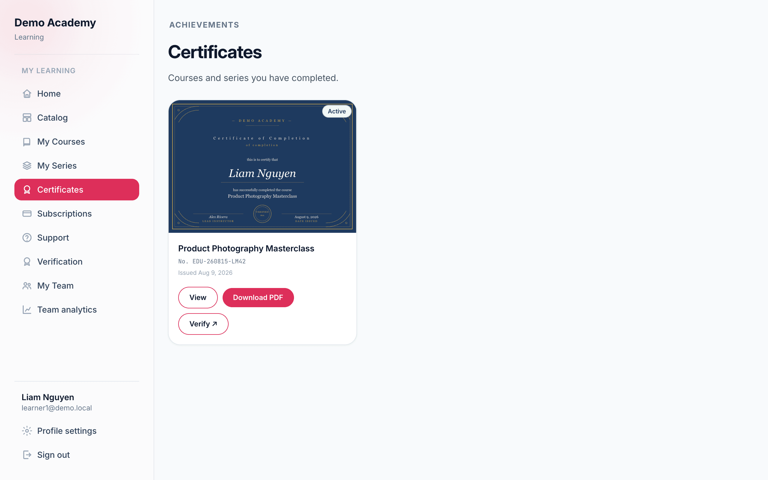 The learner portal — Certificates