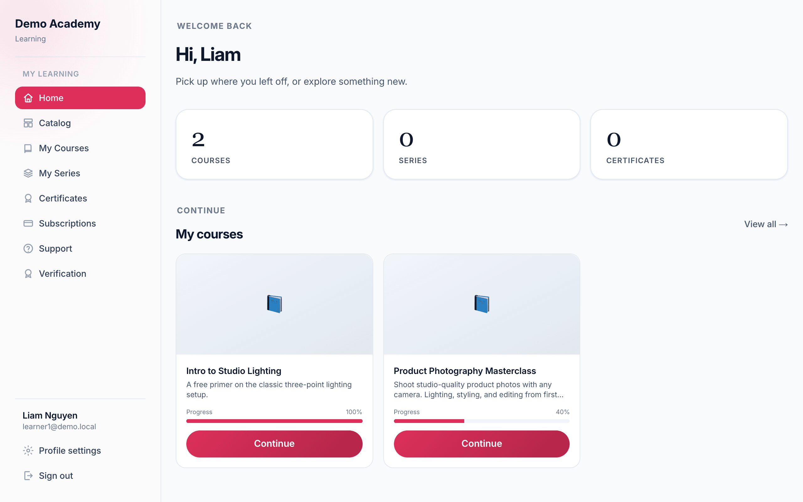 The learner portal — Home
