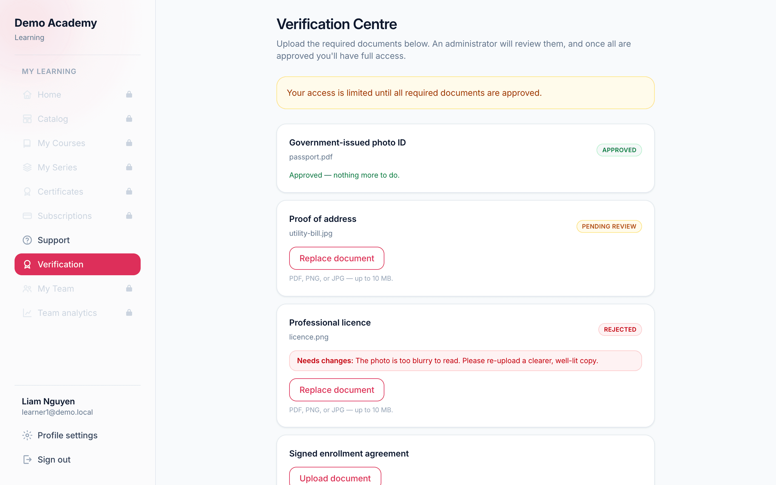 The learner portal — Verification Centre