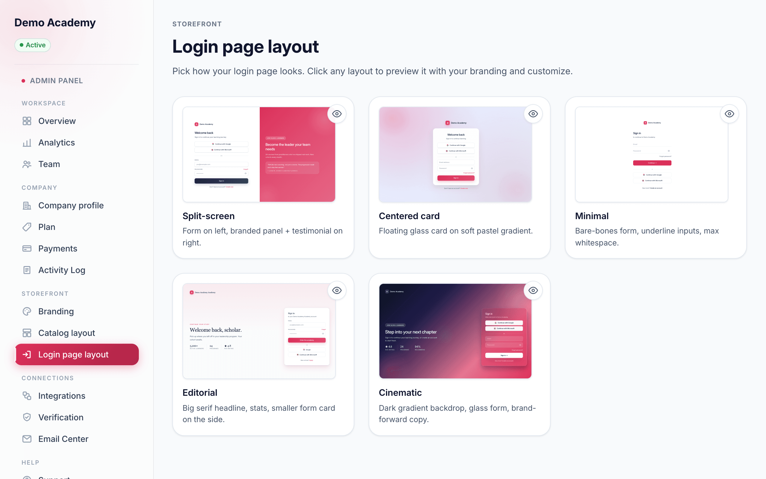 Login page layout