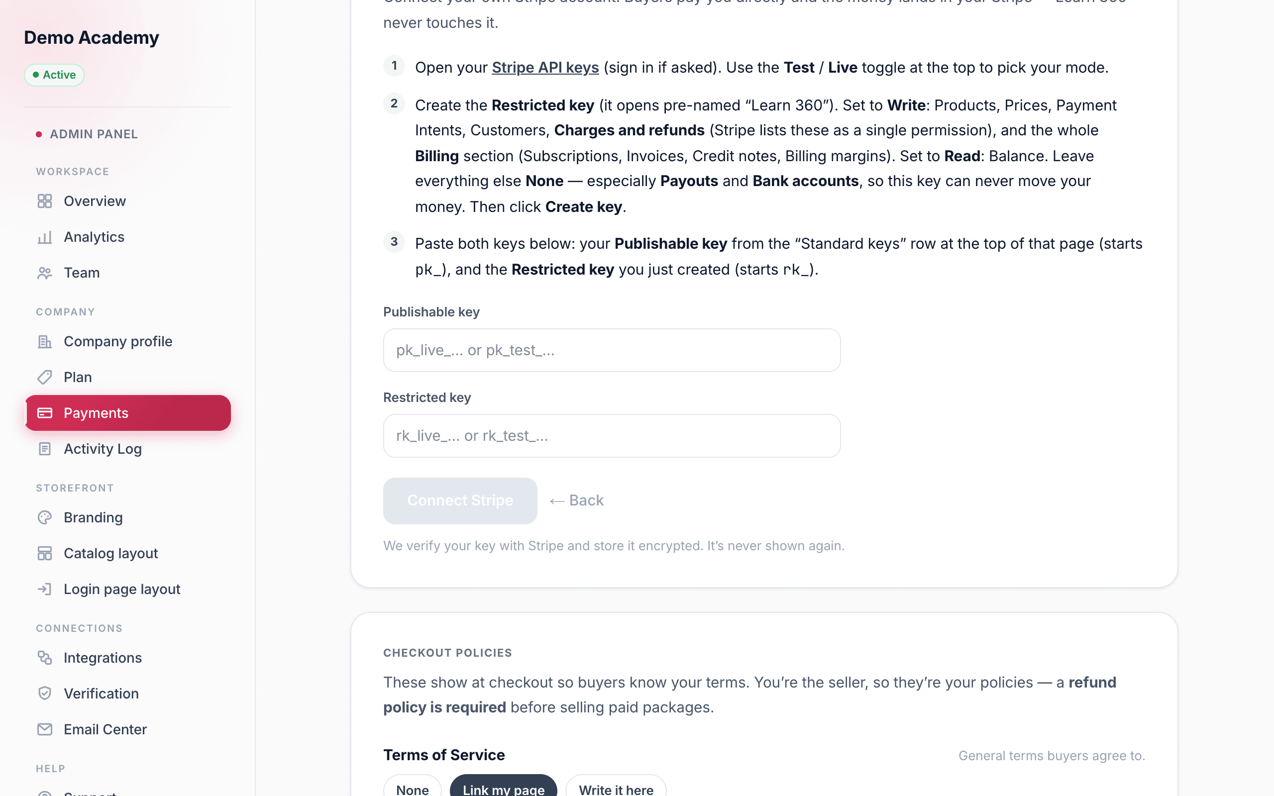 Payments — connect Stripe