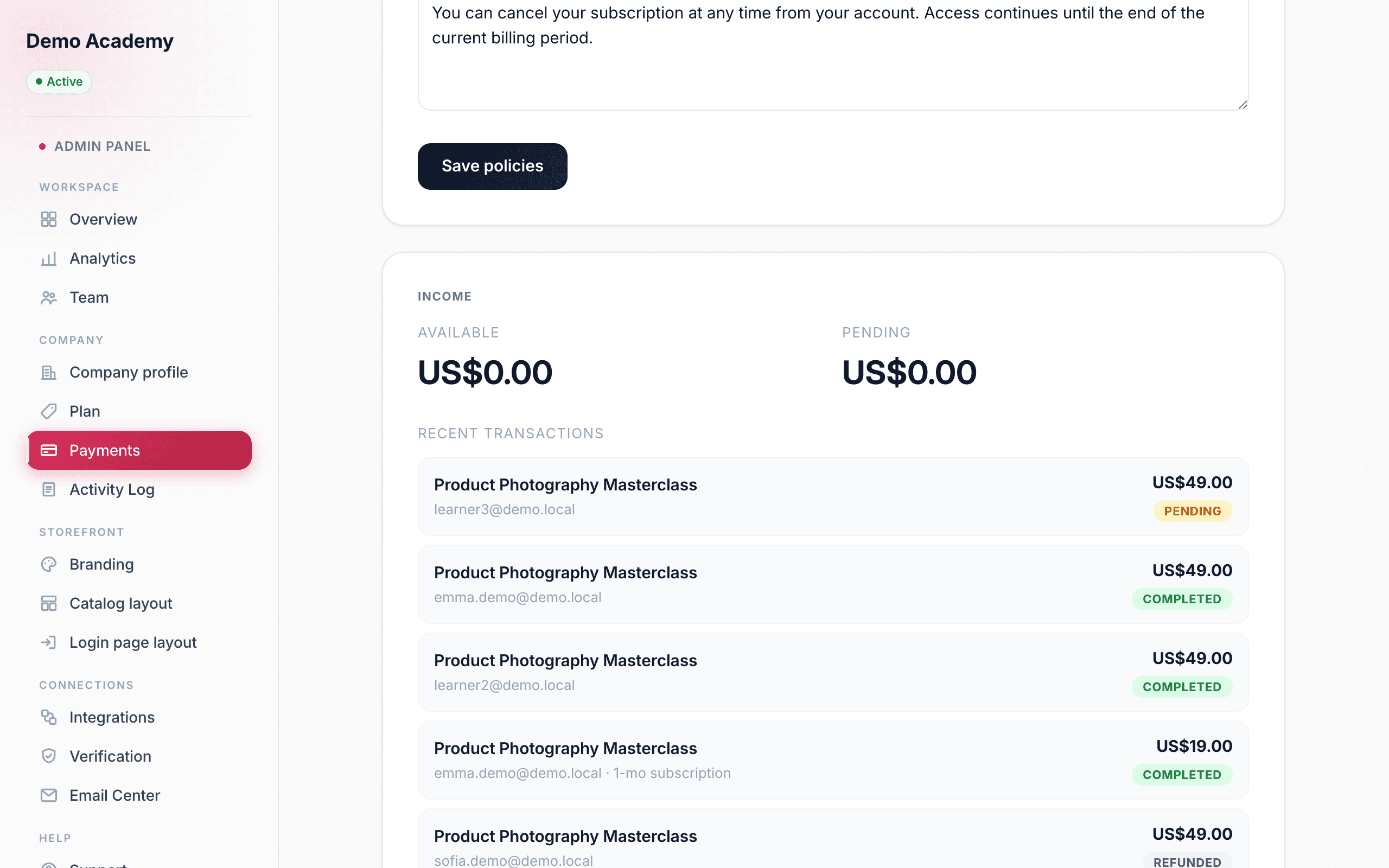 Payments — recent transactions