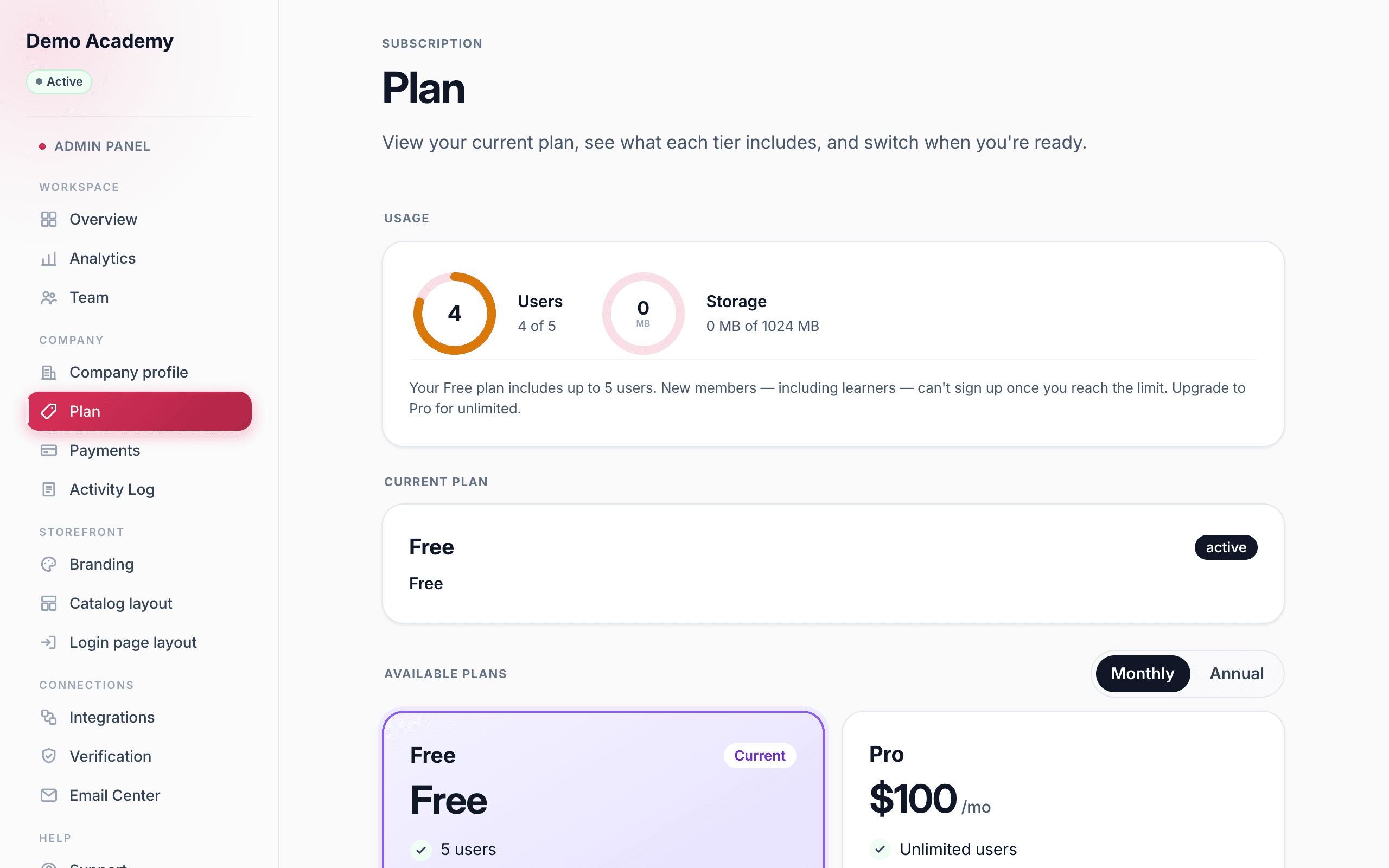 Available plans — Free vs Pro